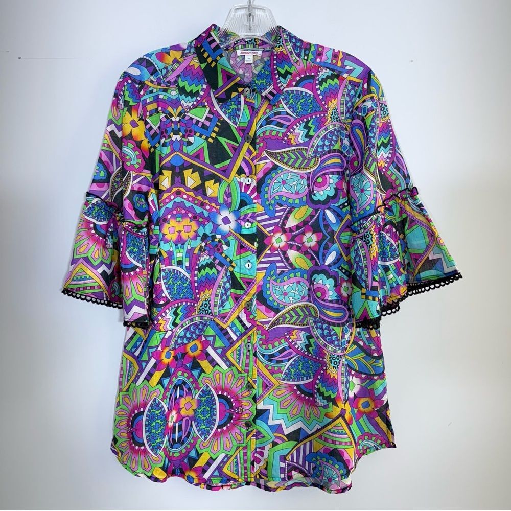 Johnny Was Demarne Ruffle Sleeve Tunic Shirt Top R24924 XS Multi Boho Chic - Picture 7 of 16